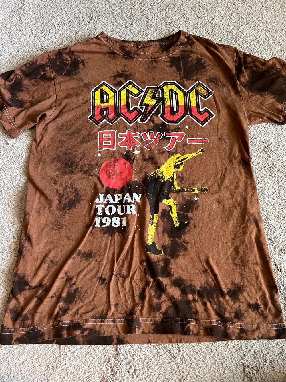 AC/DC 1981 Japan Tour Brown Tie-Dye Tee with Yellow & Red Graphic